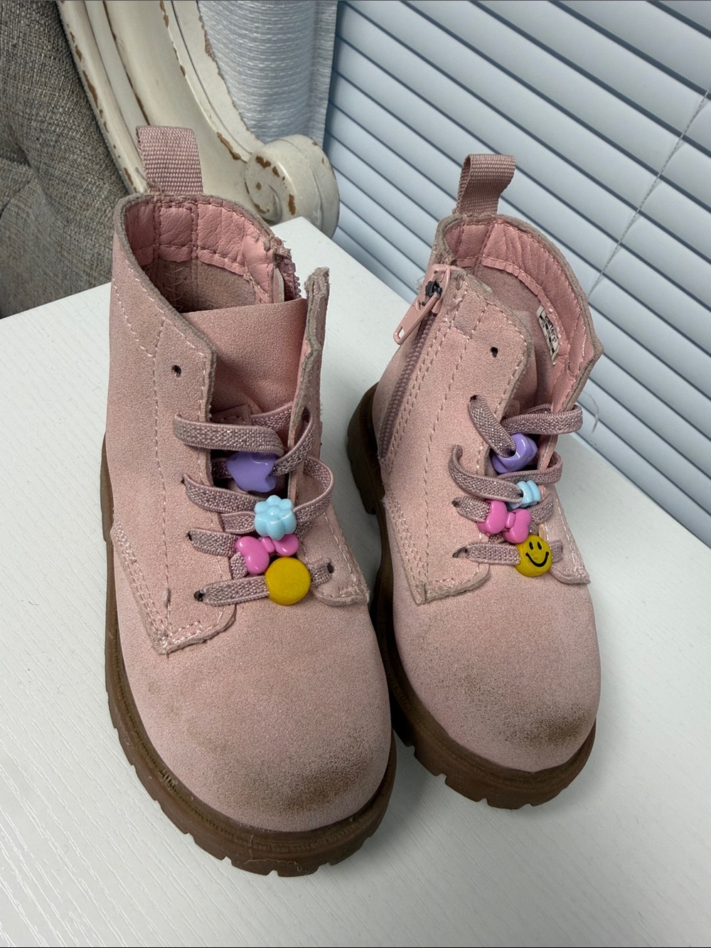 Carter's Pink Suede Lace-Up Kids Boots with Colorful Charm Beads